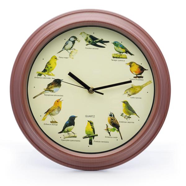 Vogelstimmen-Uhr 33cm - Originalgesang 12 Singvögel - Echter Naturklang stündlich - Wanduhr mit Vogelgezwitscher, Nachtruhe, batteriebetrieben