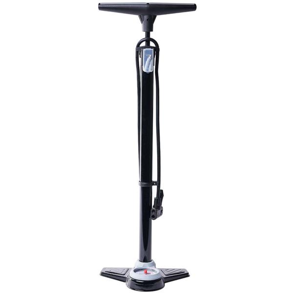 Velo-Standpumpe mit präzisem Manometer bis 12 bar/200 psi - Universalkopf für alle Ventilarten - inkl. Adapter für Bälle/Aufblasartikel - 95 cm Schlauch