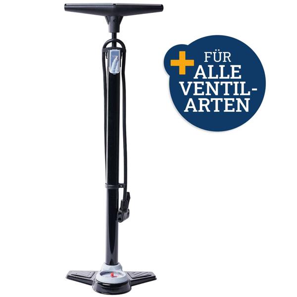 Velo-Standpumpe mit präzisem Manometer bis 12 bar/200 psi - Universalkopf für alle Ventilarten - inkl. Adapter für Bälle/Aufblasartikel - 95 cm Schlauch