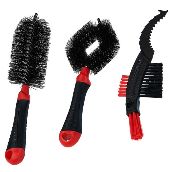 Fahrrad Reinigungsbürstenset 3-teilig - Makellose Velo-Pflege, werterhaltend & schonend - Ergonomische Griffe, Spezialbürsten für Ketten, Rahmen