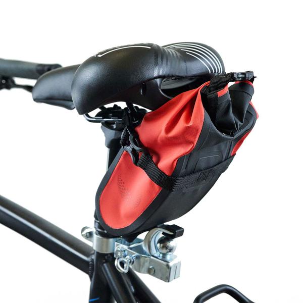 Satteltasche fürs Velo - 100% wasserdicht & robust (Tarpaulin 500D PVC) - 1L Volumen - Klickverschluss - Rot/Grau - 290x180x80mm