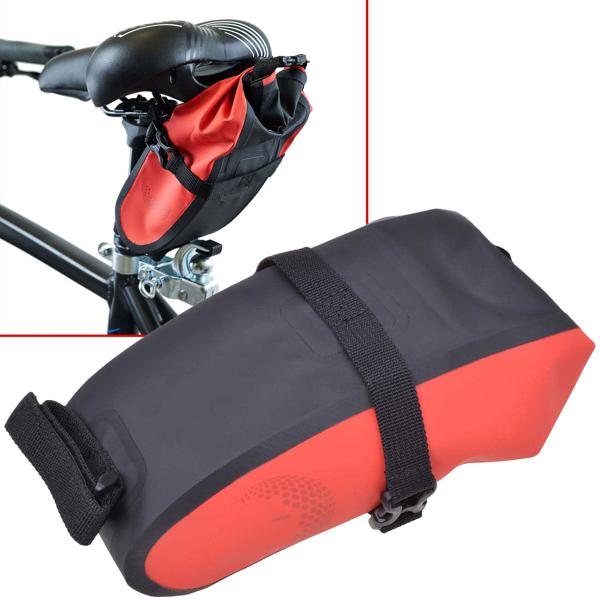 Satteltasche fürs Velo - 100% wasserdicht & robust (Tarpaulin 500D PVC) - 1L Volumen - Klickverschluss - Rot/Grau - 290x180x80mm