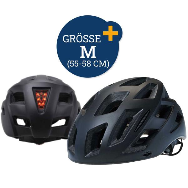 Fahrradhelm M - Integriertes Rücklicht 3 Leuchtstufen - Mattschwarz, Polycarbonat/EPS - TÜV/GS-geprüft - 55-58 cm Kopfumfang - Insektenschutz