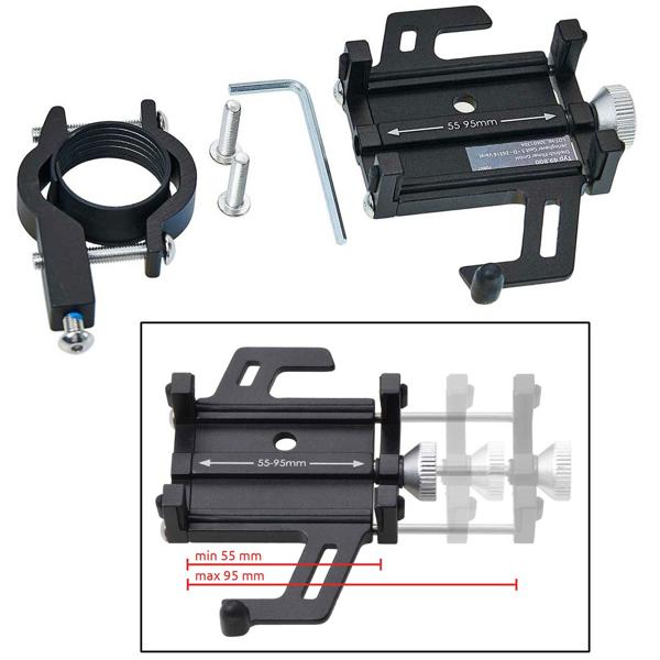 Fahrrad Handyhalterung - für Geräte von 55-95mm Breite, Navigationsgeräte - Feste Schraubverbindung, Rutschfeste Stossdämpfung, Aluminium, Schwarz