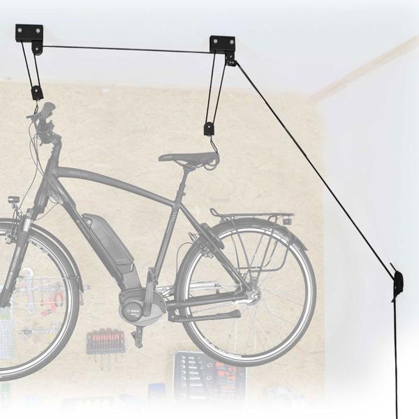 Robuster E-Bike-Deckenlift, 57kg max., zur platzsparenden Aufbewahrung und Reparatur. Stabil und langlebig, einfacher Montagevorgang