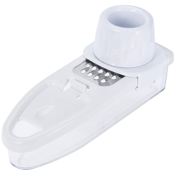 Küchenraffel mit Auffangbehälter - Fingerschutz für geruchloses Reiben von Knoblauch, Ingwer, Nüssen - Spülmaschinenfest - Edelstahl & Kunststoff