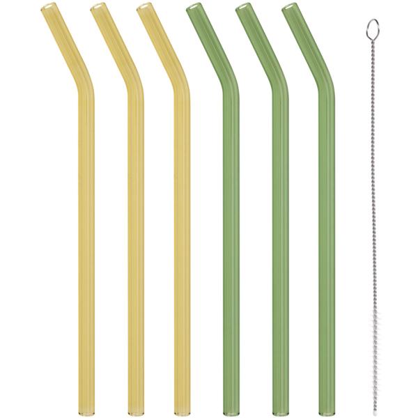Glas-Trinkhalme wiederverwendbar mit Reinigungsbürste, 6erSet, 19 cm, mehrfarbig, gebogen, spülmaschinenfest, ideal zu Cocktails, Smoothie und Säften