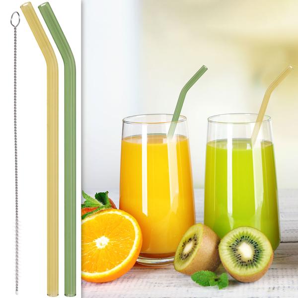 Glas-Trinkhalme wiederverwendbar mit Reinigungsbürste, 6erSet, 19 cm, mehrfarbig, gebogen, spülmaschinenfest, ideal zu Cocktails, Smoothie und Säften