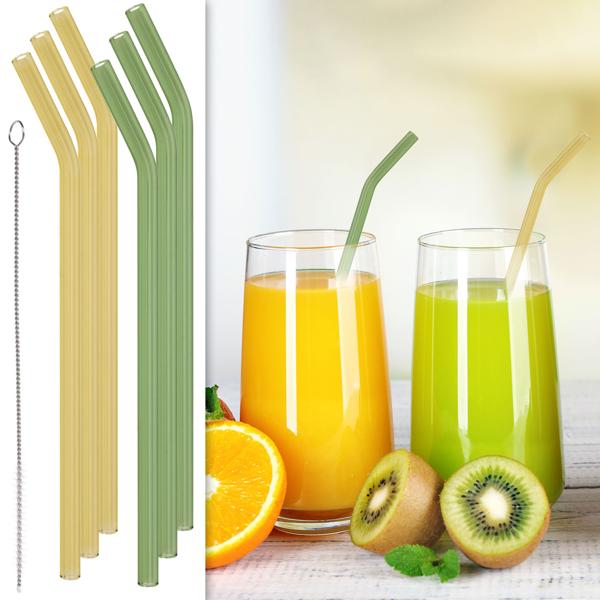 Glas-Trinkhalme wiederverwendbar mit Reinigungsbürste, 6erSet, 19 cm, mehrfarbig, gebogen, spülmaschinenfest, ideal zu Cocktails, Smoothie und Säften