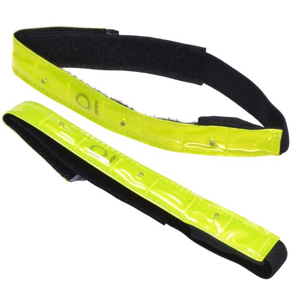 2er-Set LED-Reflektorband neon-gelb - Warnband für Jogger, Kinder, Hundehalter & Einsatzkräfte - 4 rote Leuchten, 43x2.5cm, leuchtstark bis 800m, PVC