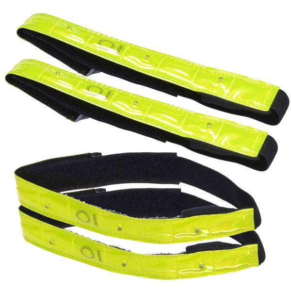 4er-Set LED-Reflektorband Neongelb - Maximale Sichtbarkeit bis 800m für Jogger, Kinder & Hundehalter - 4 rote Leuchten, 43x2.5 cm, PVC, Klettverschluss