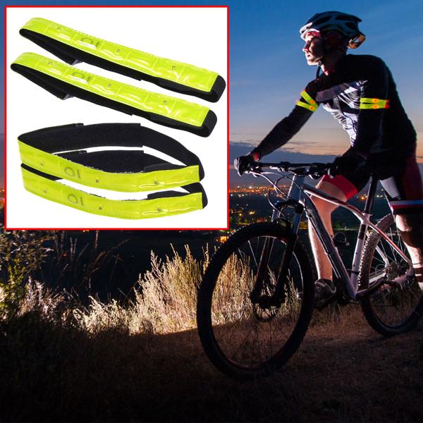 4er-Set LED-Reflektorband Neongelb - Maximale Sichtbarkeit bis 800m für Jogger, Kinder & Hundehalter - 4 rote Leuchten, 43x2.5 cm, PVC, Klettverschluss