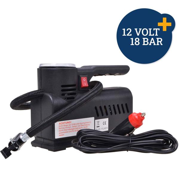 Luft-Kompressor mit Manometer 18bar - Reifen, Luftmatratzen, Gummiboot aufpumpen - 12V Zigarettenanzünder, 3m Kabel, 4.5 L/min Fördervolumen