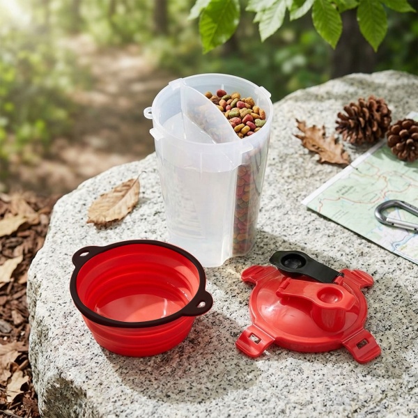 2in1-Wasser- & Futterflasche für Hunde - Integrierter Napf & Karabinerhaken - Auslaufsicher, Ideal für Wanderungen - Transparent, Rot/Schwarz