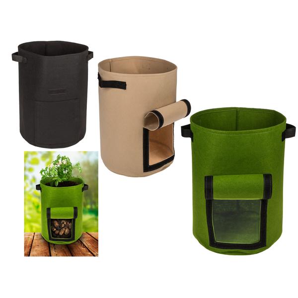 3er-Set Pflanzsäcke mit Erntefenster - Filz, 43 Liter, Ø 35x45cm - Schwarz, Grün & Beige - Ideal für Kartoffeln, Urban Gardening, Balkon, Terrasse