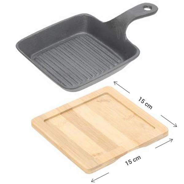 Quadratische Servierpfanne aus Gusseisen, 2 Henkel, Bambusbrett als eleganter Untersetzer, Ø 15cm, flache Pfanne für Gratin, Tapas, Curry und Fleisch