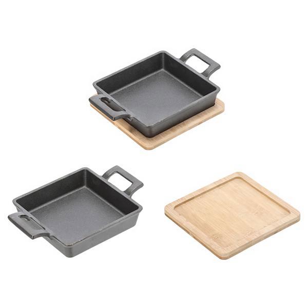 Quadratische Servierpfanne aus Gusseisen, 2 Henkel, Bambusbrett als eleganter Untersetzer, Ø 13cm, flache Pfanne für Gratin, Tapas, Curry und Fleisch