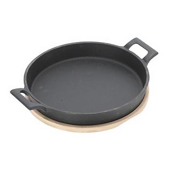 Hochwertige runde Servierpfanne aus Gusseisen, 2 Henkel, Bambusbrett als eleganter Untersetzer, Ø 18,5 cm, massive moderne Pfanne - Flair pur