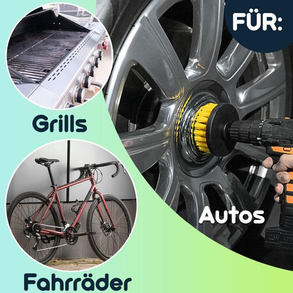 4er Reinigungsbürsten-Set für Akkuschrauber & Bohrmaschine, gelb/schwarz, Drill Brush Reinigungskit ideal für Küche, Bad, Felgen, Auto