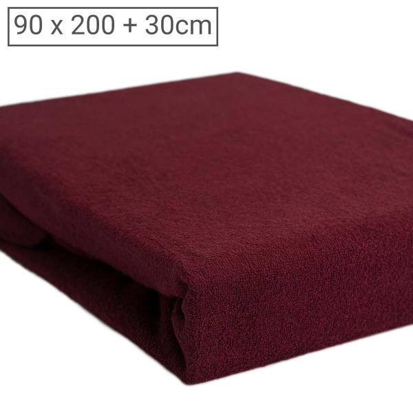 Luxus Frottee Fixleintuch Einzelbett – 90x200 cm bordeaux – 80% Baumwolle 20% Mikrofaser – Öko-Tex 100 – Atmungsaktiv warm für Winter – Matratzen bis 30 cm