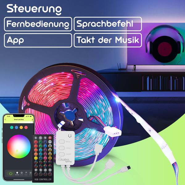 LED Streifen, WLAN, RGB, 5m, 150 LEDs, 16 Mio Farben, Fernbedienung, App-, Sprach- u. Sound-Steuerung, komp. zu Google, Siri, Alexa, Tuya 