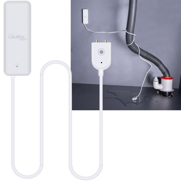 WLAN-Wassermelder mit externem Sensor, weiss, Wassersensor für Tuya oder SmartLife App, weltweite Benachrichtigung, Alarmfunktion