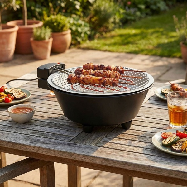Elektro-Tischgrill, schwarz, Ø 30cm, starke 1250W – Stilvolles Design mit Abtropfschale aus Aluminium für sauberes & rauchfreies Grillen