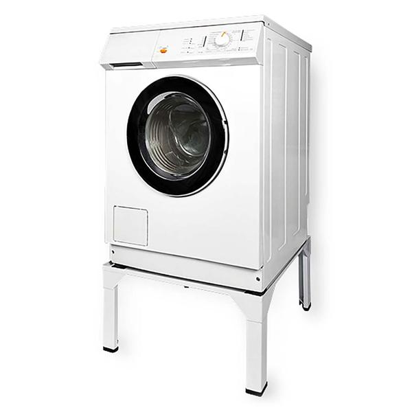 Hochwertiges Untergestell für Waschmaschine & Trockner: Rücken- & bodenschonend, bis 150kg, weisses Metall. Stabil & entlastend im Haushalt