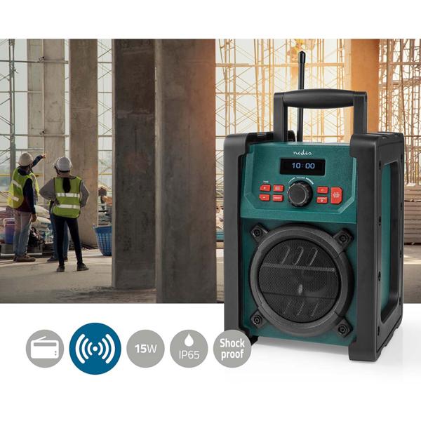 Robustes DAB+ Baustellenradio mit Bluetooth – IP65 wetterfest, 15W, Batterie oder Netzbetrieb, grün-schwarz, für Baustelle & Werkstatt