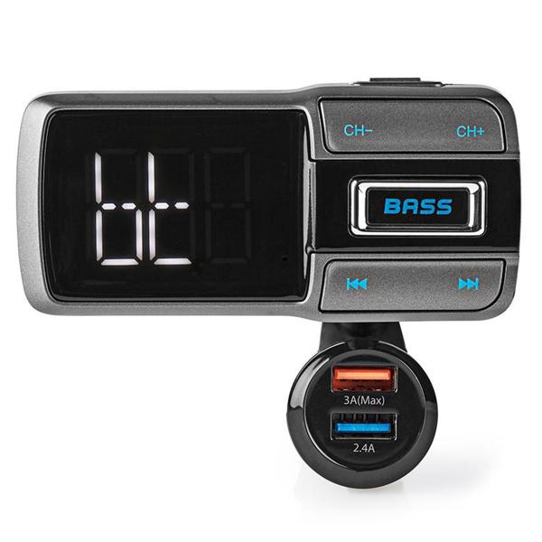 Audio Transmitter fürs Auto - Bluetooth 5.0 UKW-Sender für Playlists & Freisprechfunktion - 2 USB-Ladeanschlüsse (3.0A, 2.4A) - Flexibler Schwanenhals & LED-Display
