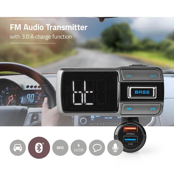 Audio Transmitter fürs Auto - Bluetooth 5.0 UKW-Sender für Playlists & Freisprechfunktion - 2 USB-Ladeanschlüsse (3.0A, 2.4A) - Flexibler Schwanenhals & LED-Display