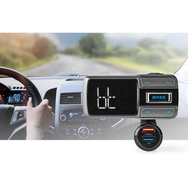 Audio Transmitter fürs Auto - Bluetooth 5.0 UKW-Sender für Playlists & Freisprechfunktion - 2 USB-Ladeanschlüsse (3.0A, 2.4A) - Flexibler Schwanenhals & LED-Display