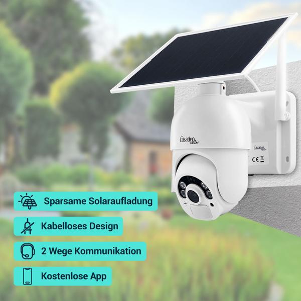 Smarte Überwachungskamera, solarbetrieben / kabellos, Pan-Tilt, FullHD, Solar Panel, PIR Sensor, Aussen, Nachtsicht, 2-Wege-Audio/ Video, IP66, weiss