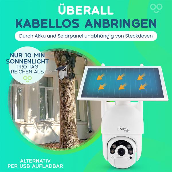 Smarte Überwachungskamera, solarbetrieben / kabellos, Pan-Tilt, FullHD, Solar Panel, PIR Sensor, Aussen, Nachtsicht, 2-Wege-Audio/ Video, IP66, weiss