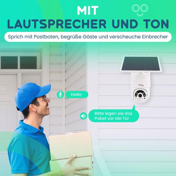 Smarte Überwachungskamera, solarbetrieben / kabellos, Pan-Tilt, FullHD, Solar Panel, PIR Sensor, Aussen, Nachtsicht, 2-Wege-Audio/ Video, IP66, weiss