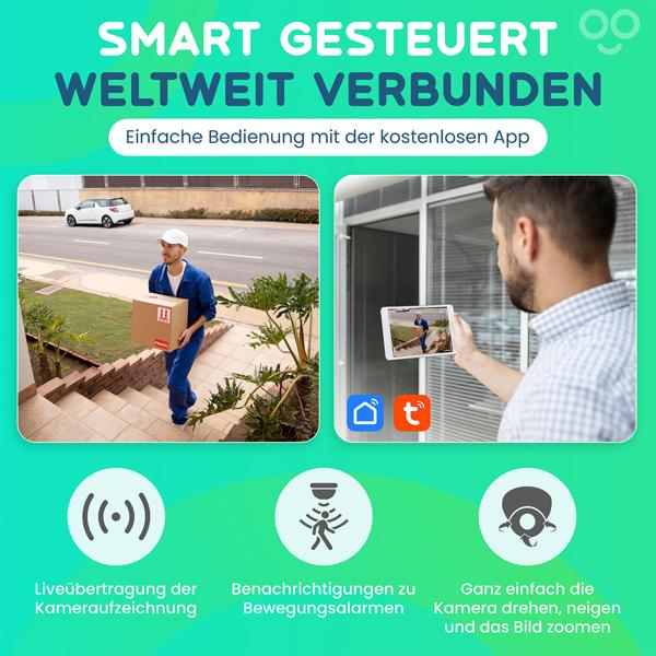 Smarte Überwachungskamera, solarbetrieben / kabellos, Pan-Tilt, FullHD, Solar Panel, PIR Sensor, Aussen, Nachtsicht, 2-Wege-Audio/ Video, IP66, weiss