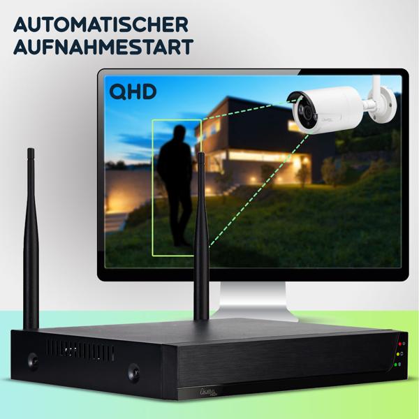 Profi Funk-Überwachungssystem, 8 QHD-2K Kameras & HDD-Rekorder, Tuya App mit Live Fernzugriff, Nachtsicht mit IR-LEDs, wetterfest - IP66