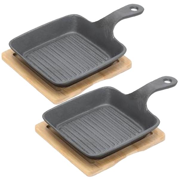 2er-Set Quadratische Servierpfanne aus Gusseisen, 2 Henkel, Bambusbrett als eleganter Untersetzer, Ø 15cm, hochwertige flache Pfanne - Flair pur