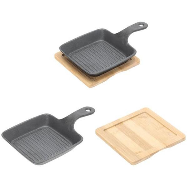 2er-Set Quadratische Servierpfanne aus Gusseisen, 2 Henkel, Bambusbrett als eleganter Untersetzer, Ø 15cm, hochwertige flache Pfanne - Flair pur