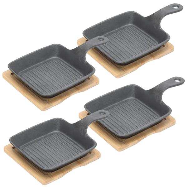4er-Set Quadratische Servierpfanne aus Gusseisen, 2 Henkel, Bambusbrett als eleganter Untersetzer, Ø 15cm, hochwertige flache Pfannen - Flair pur