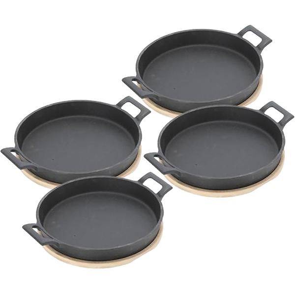 4er-Set Hochwertige runde Servierpfanne aus Gusseisen, 2 Henkel, Bambusbrett als eleganter Untersetzer, Ø 18,5 cm, massive moderne Pfanne - Flair pur