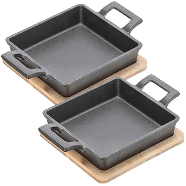 2er-Set Quadratische Servierpfanne aus Gusseisen, 2 Henkel, Bambusbrett als eleganter Untersetzer, Ø 13cm, Pfanne für Gratin, Tapas, Curry und Fleisch