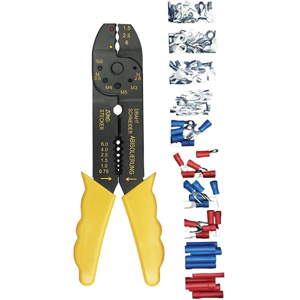 Kabelschuh-Set inkl. Klemmzange - 100-teilig Sortiment - lötfreie elektrische Kabelverbindungen - Abisolieren, Schneiden, Quetschen - Plastikkassette