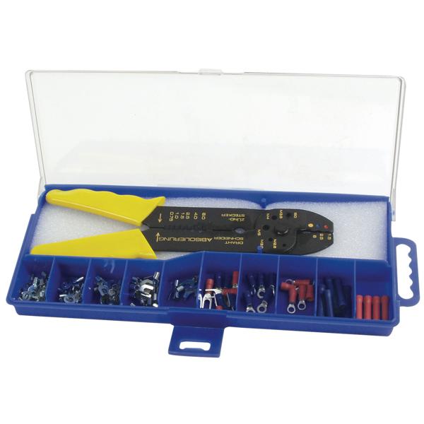 Kabelschuh-Set inkl. Klemmzange - 100-teilig Sortiment - lötfreie elektrische Kabelverbindungen - Abisolieren, Schneiden, Quetschen - Plastikkassette