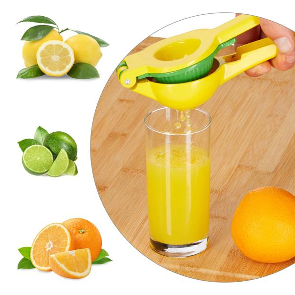 Manuelle 2in1 Zitruspresse für Zitronen & Limetten - 2 Einsätze - Abwaschbar & Spülmaschinenfest - Rostfreies Aluminium - Gelb-Grün - Für Home & Outdoor