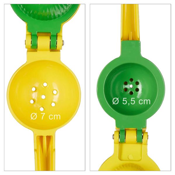 Manuelle 2in1 Zitruspresse für Zitronen & Limetten - 2 Einsätze - Abwaschbar & Spülmaschinenfest - Rostfreies Aluminium - Gelb-Grün - Für Home & Outdoor