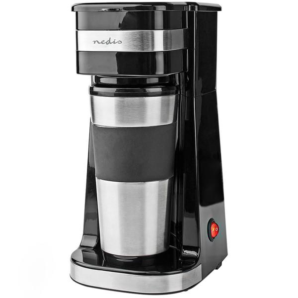 Stilvolle Edelstahl Filterkaffeemaschine (750W) mit 400ml Kaffee-To-Go-Becher – Silber-schwarzes Design – Für genussvollen Kaffee, überall