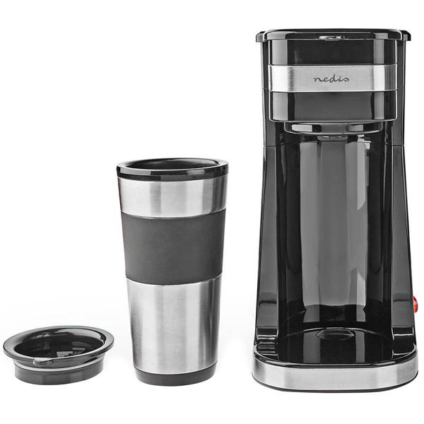 Stilvolle Edelstahl Filterkaffeemaschine (750W) mit 400ml Kaffee-To-Go-Becher – Silber-schwarzes Design – Für genussvollen Kaffee, überall