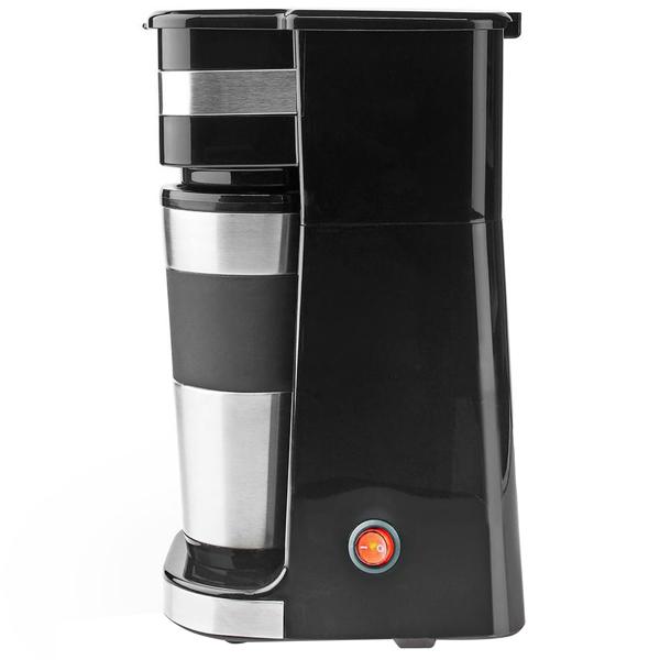 Stilvolle Edelstahl Filterkaffeemaschine (750W) mit 400ml Kaffee-To-Go-Becher – Silber-schwarzes Design – Für genussvollen Kaffee, überall