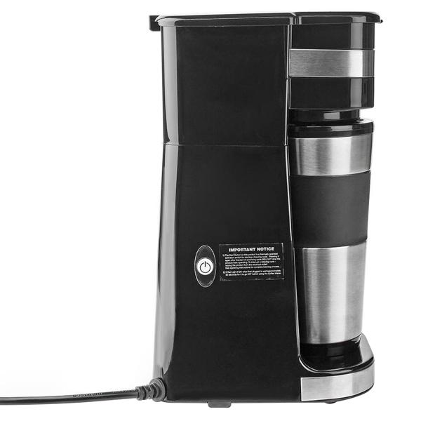 Stilvolle Edelstahl Filterkaffeemaschine (750W) mit 400ml Kaffee-To-Go-Becher – Silber-schwarzes Design – Für genussvollen Kaffee, überall